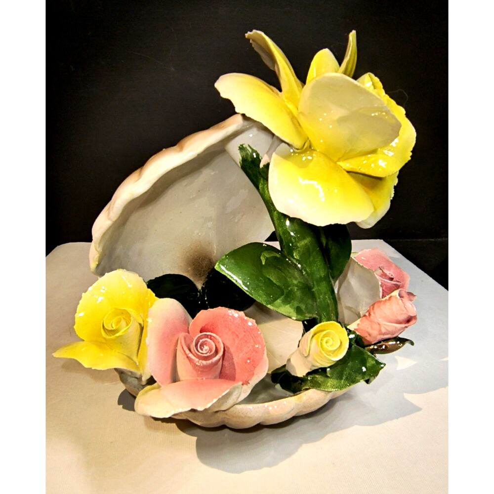 1566.  Hand Crafted Italian Nuova Capodimonte Porcelain Flowers in Shell Basket